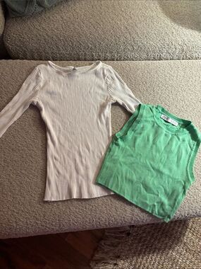 Comune and Zara white and mint Green Knit Tank with Cream Ribbed Long Sleeve Tee